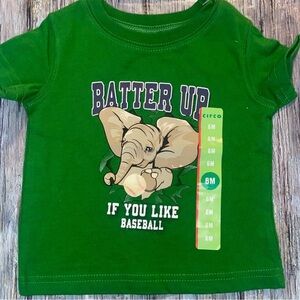 💞 New Baby Boy Size 6 months Green “Batter Up” Elephant Baseball Tee Shirt
